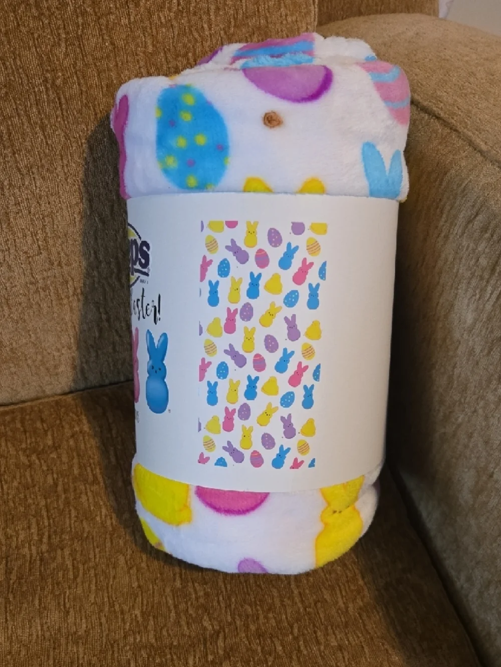 Peeps Plush Easter Throw Blanket - White with Pink, Blue, Yellow Bunnies